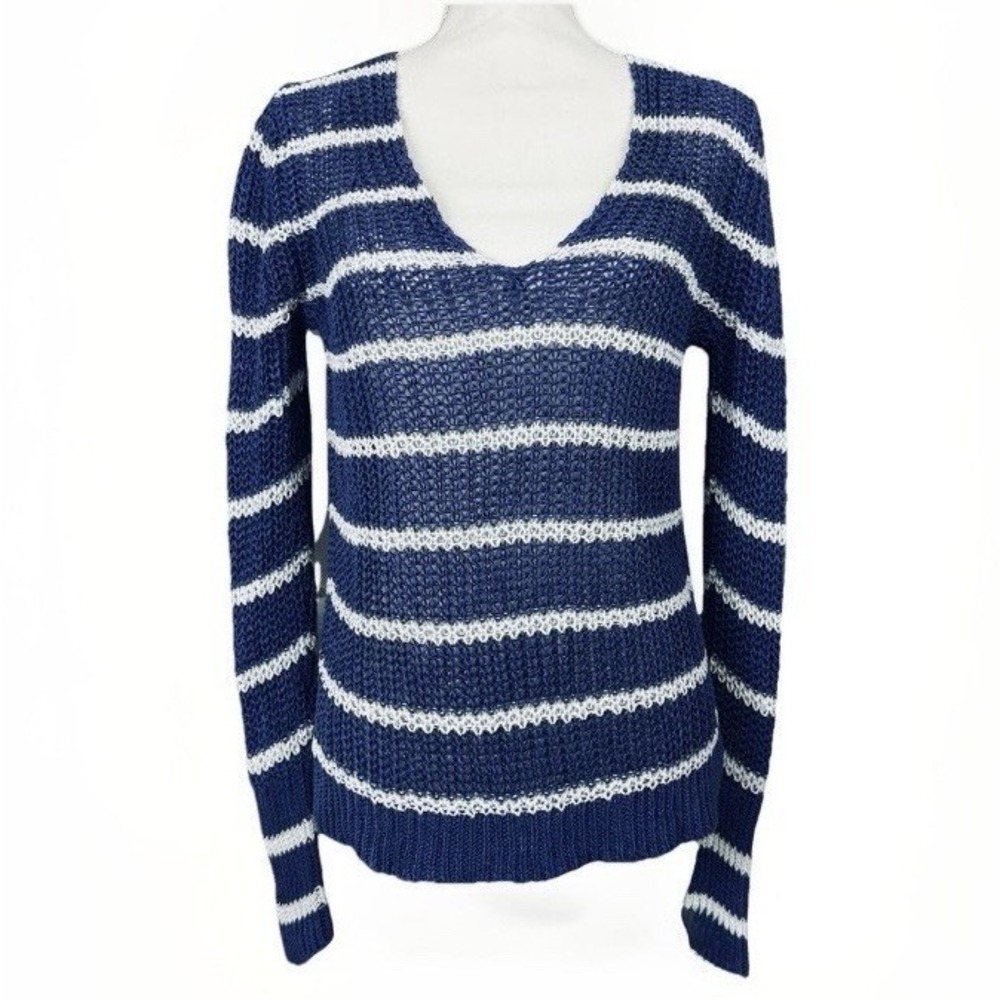Banana Republic Open Knit LG Blue White Stripe 100%‎ Italian Linen Plunge V-Neck